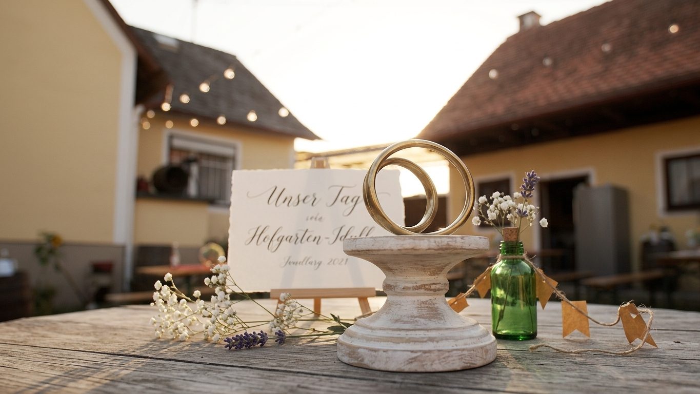 Eheringe auf Holzständer vor Willkommensschild Hofgarten-Idyll