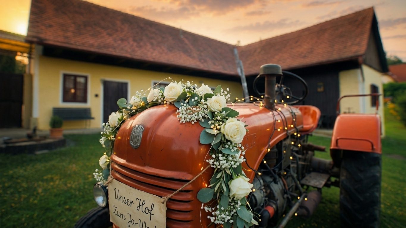 Traktor mit Rosen geschmückt, Schild „Unser Hof zum Ja-Wort“